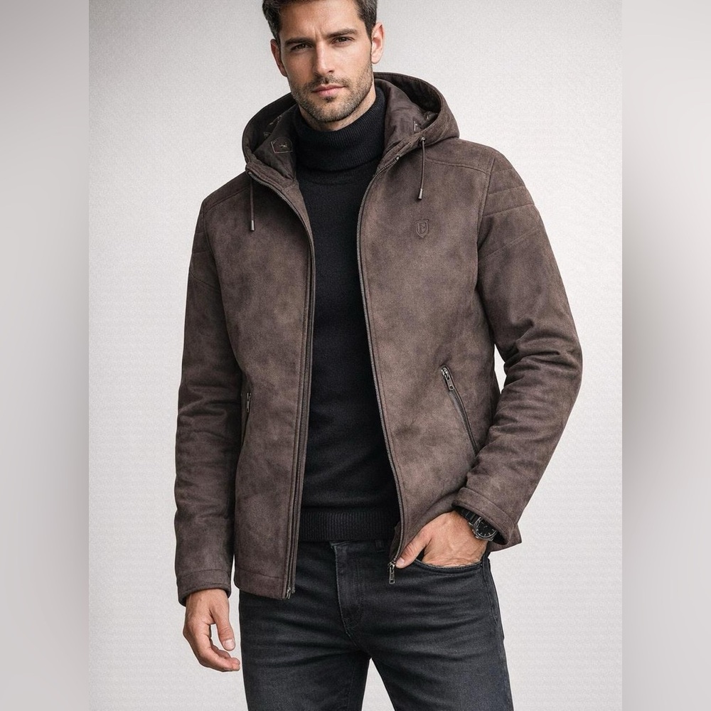 Ferrari F Collection Hooded Faux Suede Coat – Brown – Size XL